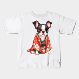 Watercolor Boston Terrier Dog in Kimono Kids T-Shirt